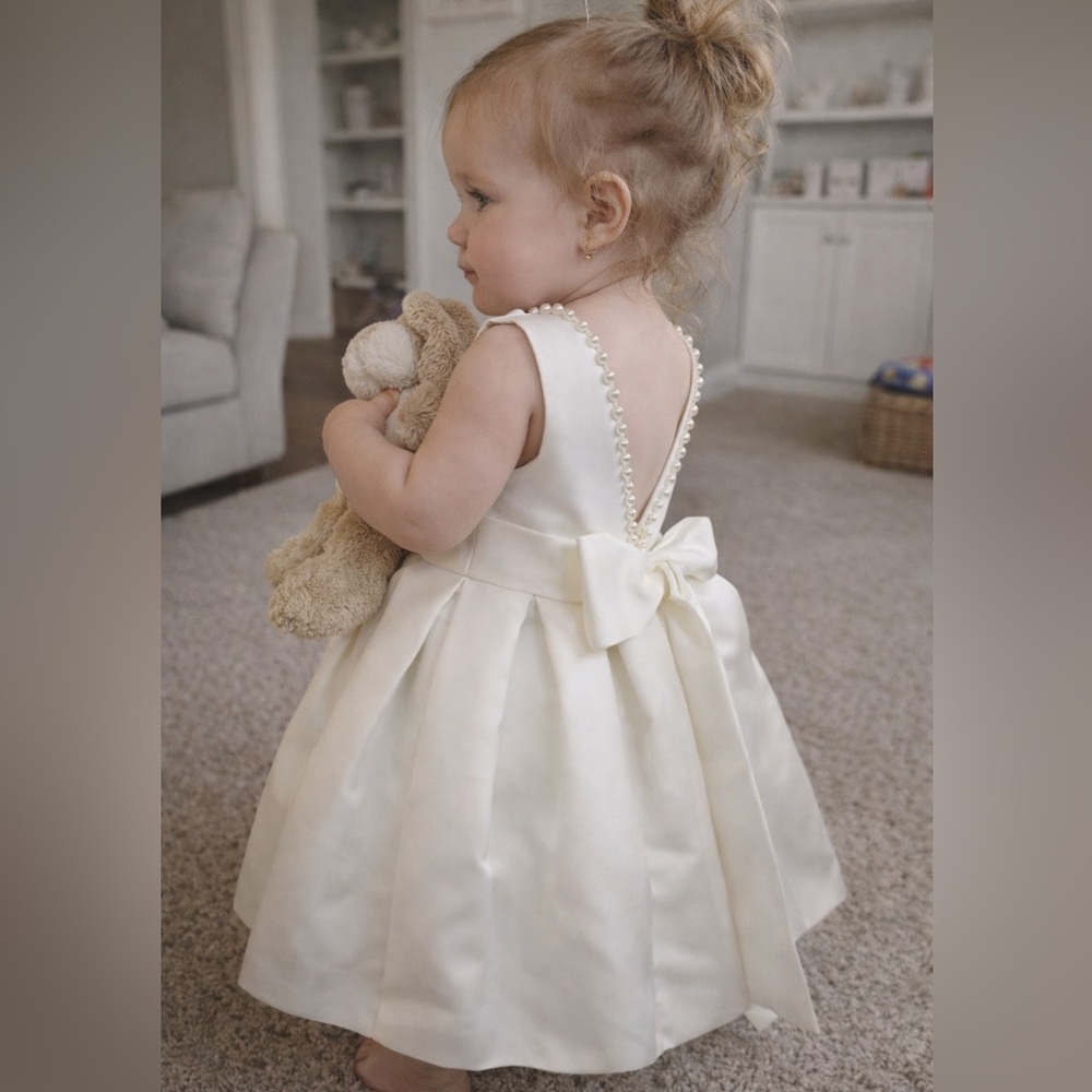 Gorgeous Satin Baby Girl Toddler Dress Ivory Flower Girl Bow Pearls Open Back - Picture 2 of 5
